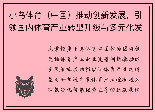 小鸟体育（中国）推动创新发展，引领国内体育产业转型升级与多元化发展