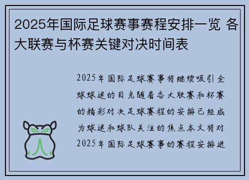 2025年国际足球赛事赛程安排一览 各大联赛与杯赛关键对决时间表